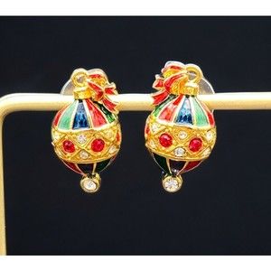 Christopher Radko Stud Earrings Christmas Ornament Rhinestone Enamel